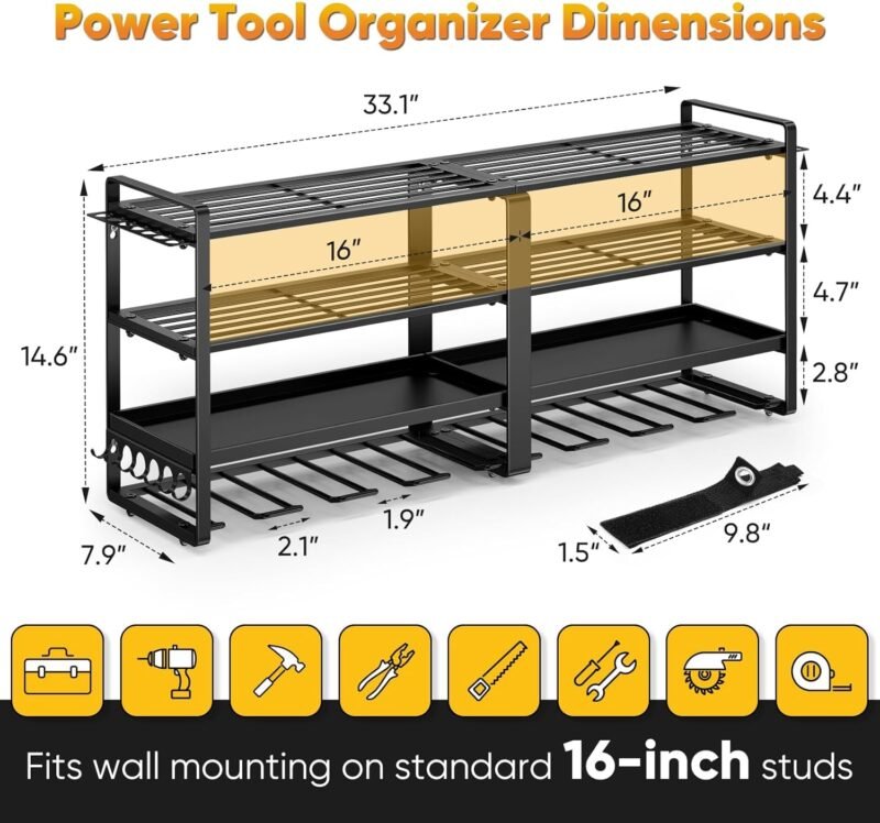 33" Wall Mount Power Tool Organizer - 8 Drill Holders, 4-Tier Garage Storage