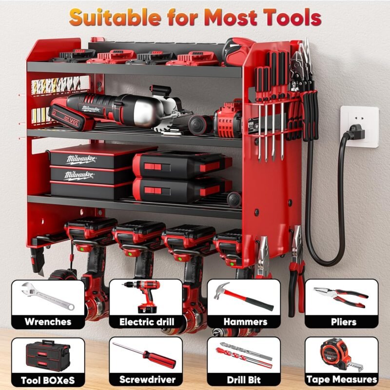 Heavy Duty Power Tool Organizer Wall Mount w/ 8 Outlet Charging Station