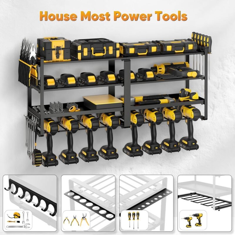 33" Wall Mount Power Tool Organizer - 8 Drill Holders, 4-Tier Garage Storage