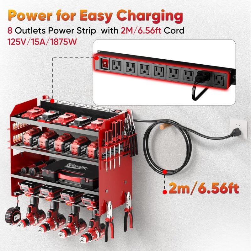 Heavy Duty Power Tool Organizer Wall Mount w/ 8 Outlet Charging Station