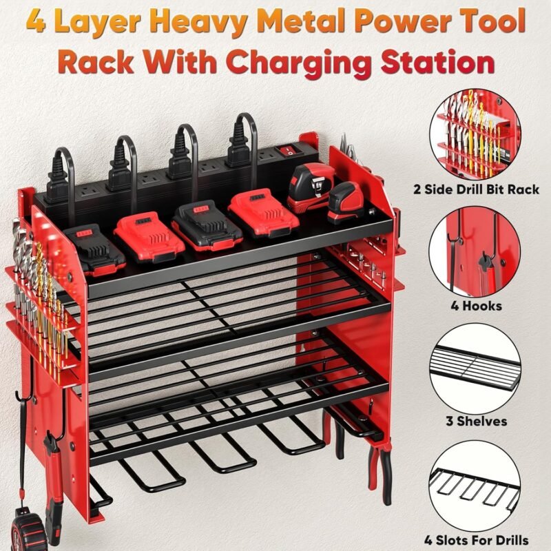 Heavy Duty Power Tool Organizer Wall Mount w/ 8 Outlet Charging Station