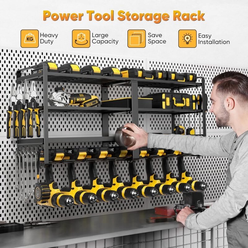 33" Wall Mount Power Tool Organizer - 8 Drill Holders, 4-Tier Garage Storage