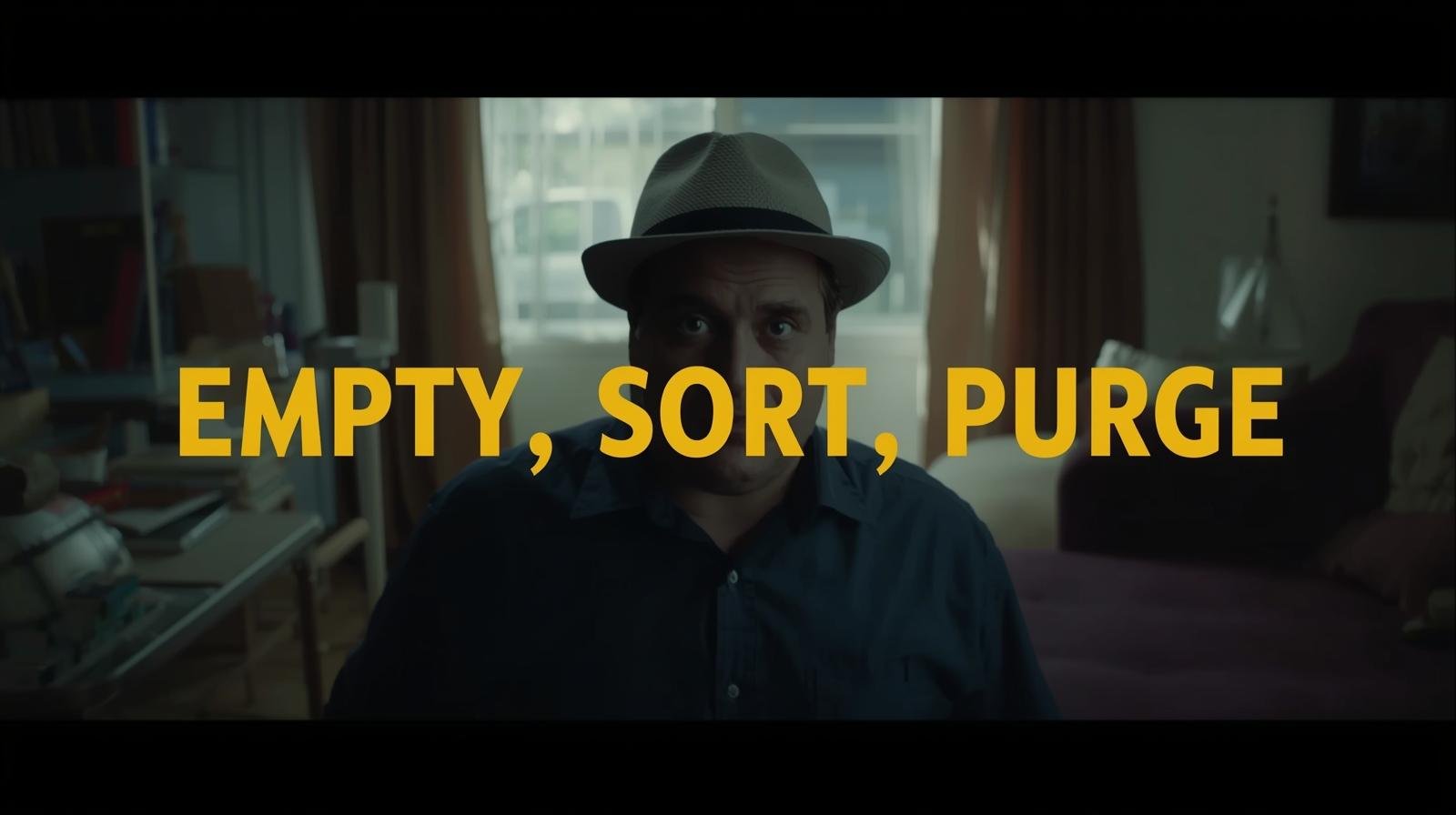 A cinematic concept scene illustrating the Empty, Sort, Purge method of home organization