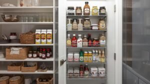 A visually appealing pantry with well-organized storage racks mounted on the back of the door, showcasing practical and neat organization.