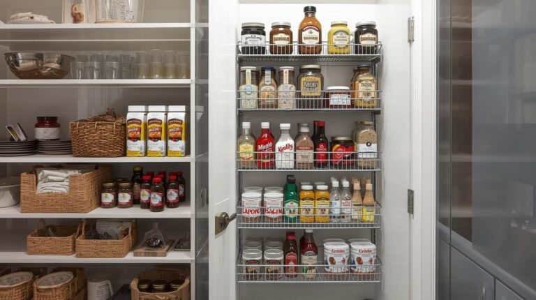 A visually appealing pantry with well-organized storage racks mounted on the back of the door, showcasing practical and neat organization.
