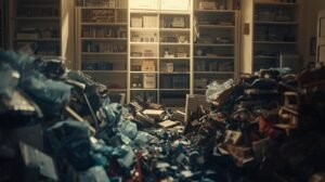 The scene focuses on a meticulously organized space being emptied, with various items sorted into distinct piles.