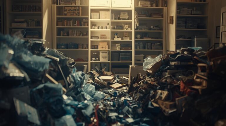 The scene focuses on a meticulously organized space being emptied, with various items sorted into distinct piles.