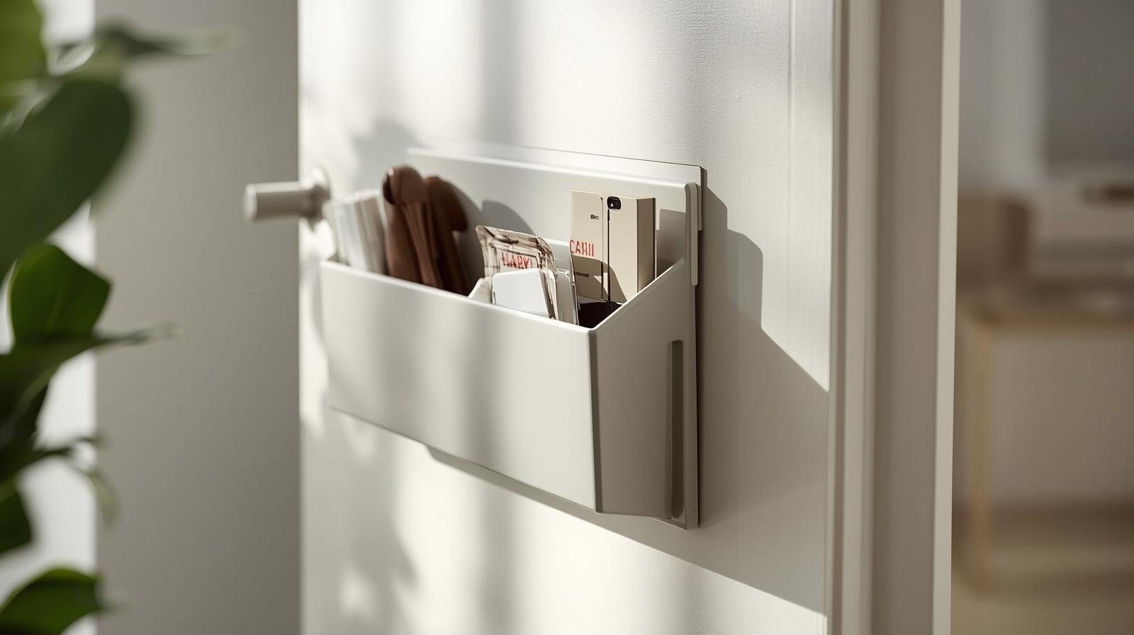 A visually appealing, close-up shot of a sleek, modern door organizer mounted at the bottom of a white interior door, secured with discreet Command strips. The organizer is filled with neatly arranged household items, showcasing its functionality and elegant integration into the home. The lighting is soft and natural, highlighting the smooth textures and clean lines of the organizer and door, conveying a sense of order and quiet efficiency.